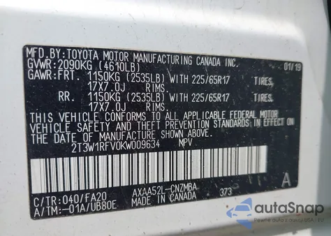 2019 Toyota Rav4 Xle z USA, uszkodzony, nr VIN 2T3W1RFV0KW009634